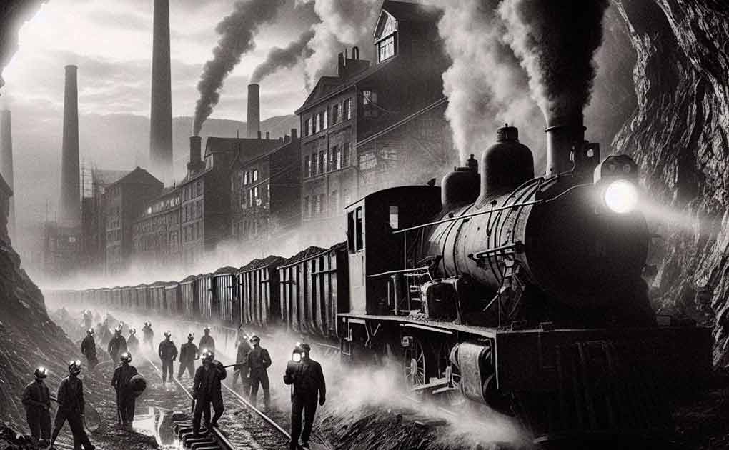 O que foi a Revolução Industrial? - Locomotiva movida a vapor e homens construindo trilhos próximo foto em preto e branco